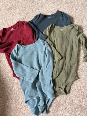 4-Pack Waffle Long-Sleeve Baby Bodysuits - Red, Blue, Olive, Navy